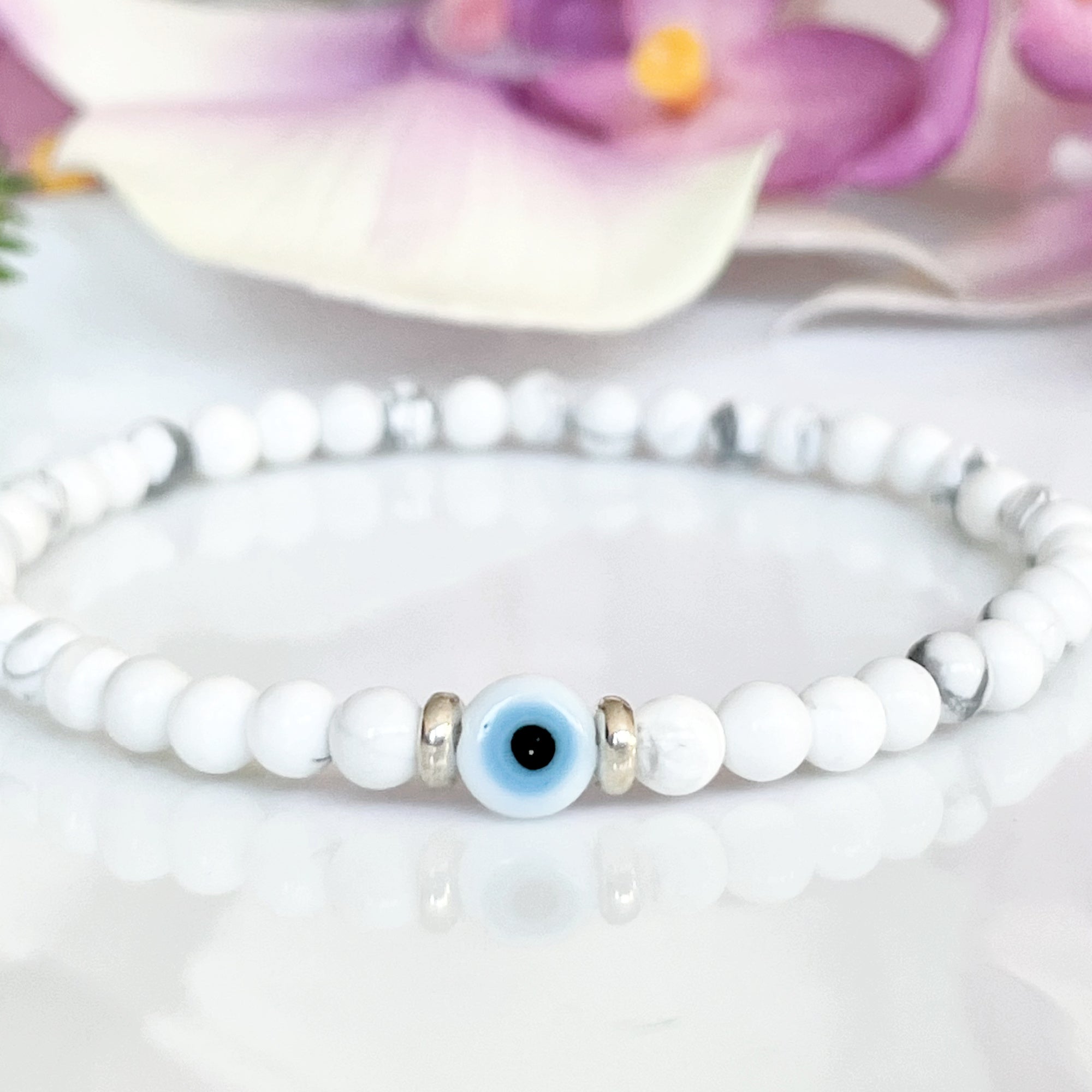 Small White Beaded Evil Eye Bracelet with Silver Accents