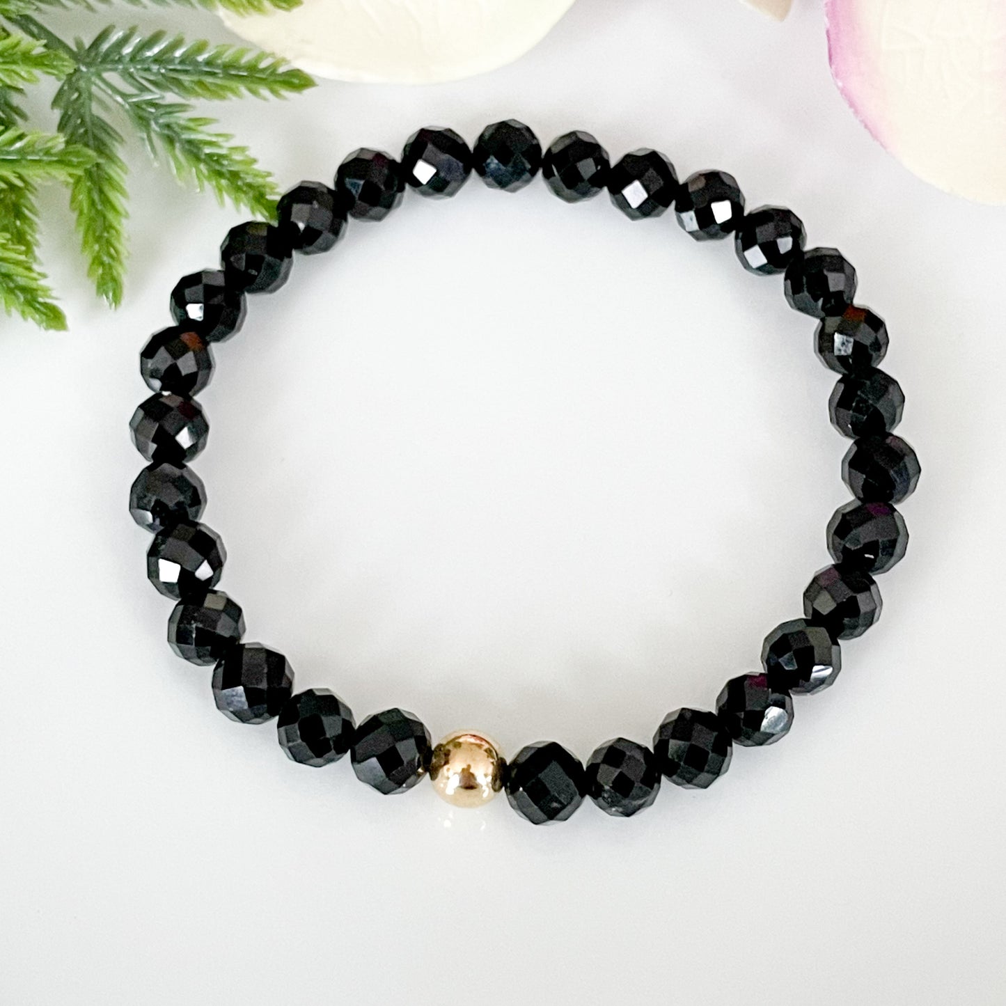 6mm Faceted Black Tourmaline Bracelet with Gold Filled Bead Accent