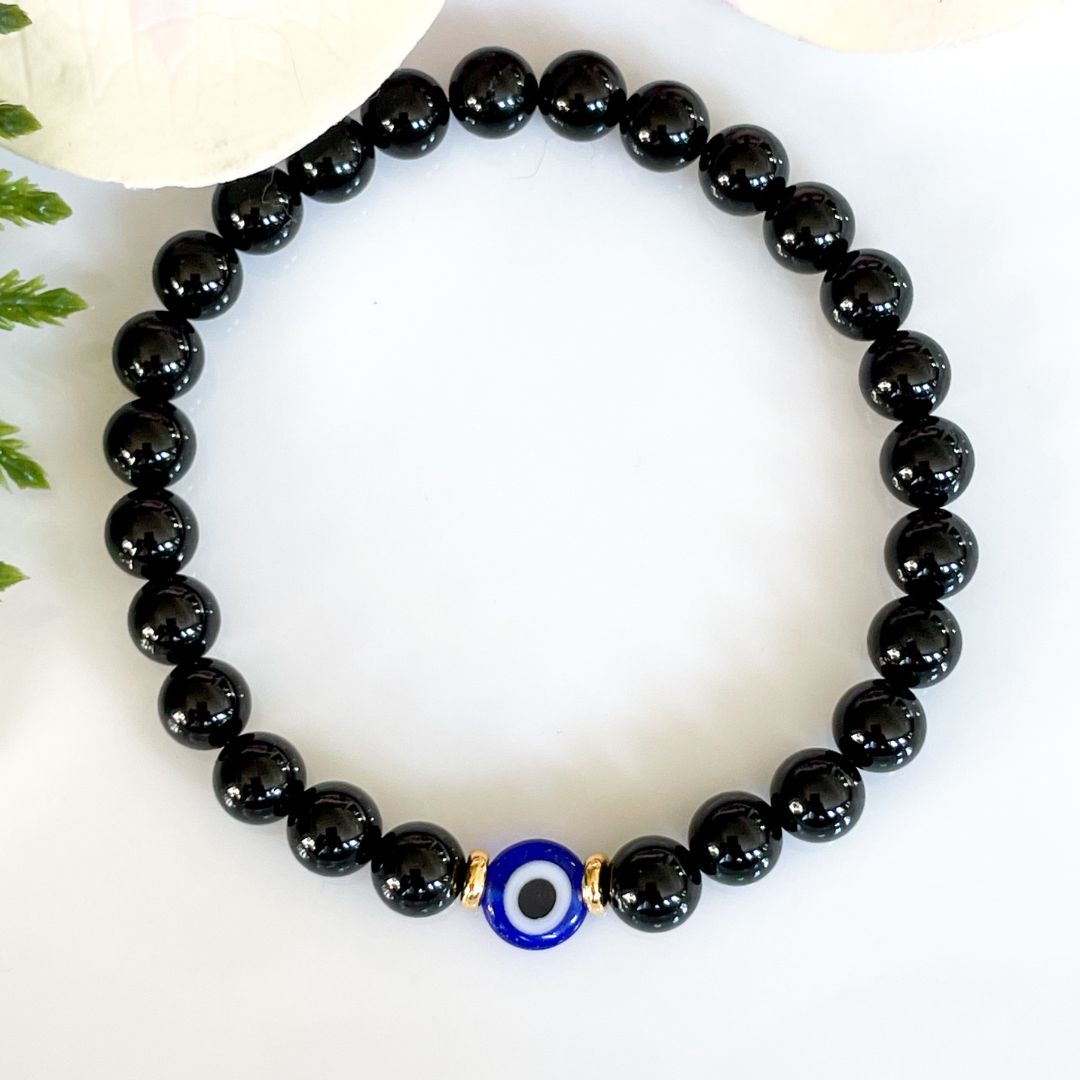 6mm Black Tourmaline Evil Eye Bracelet with gold accents