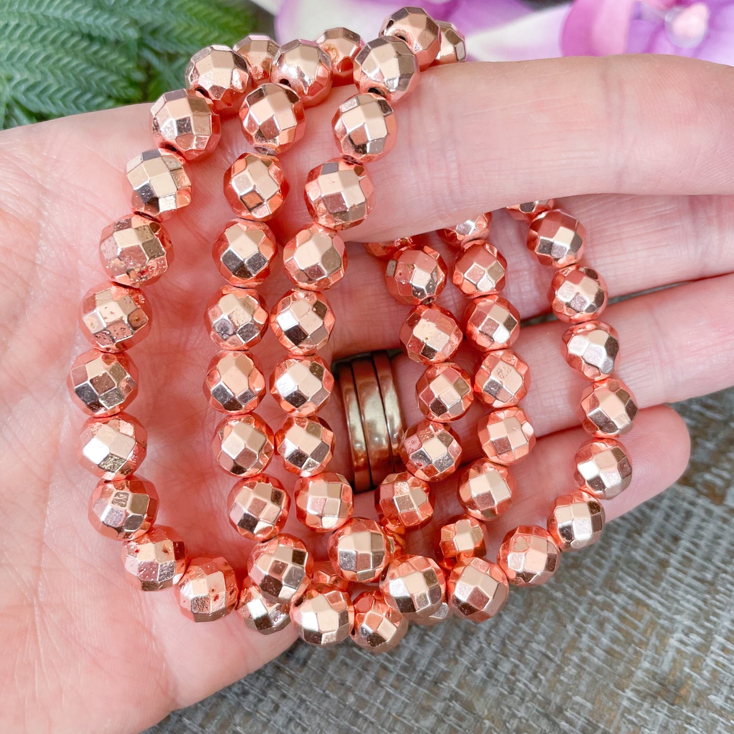 8mm rose gold faceted hematite bracelet