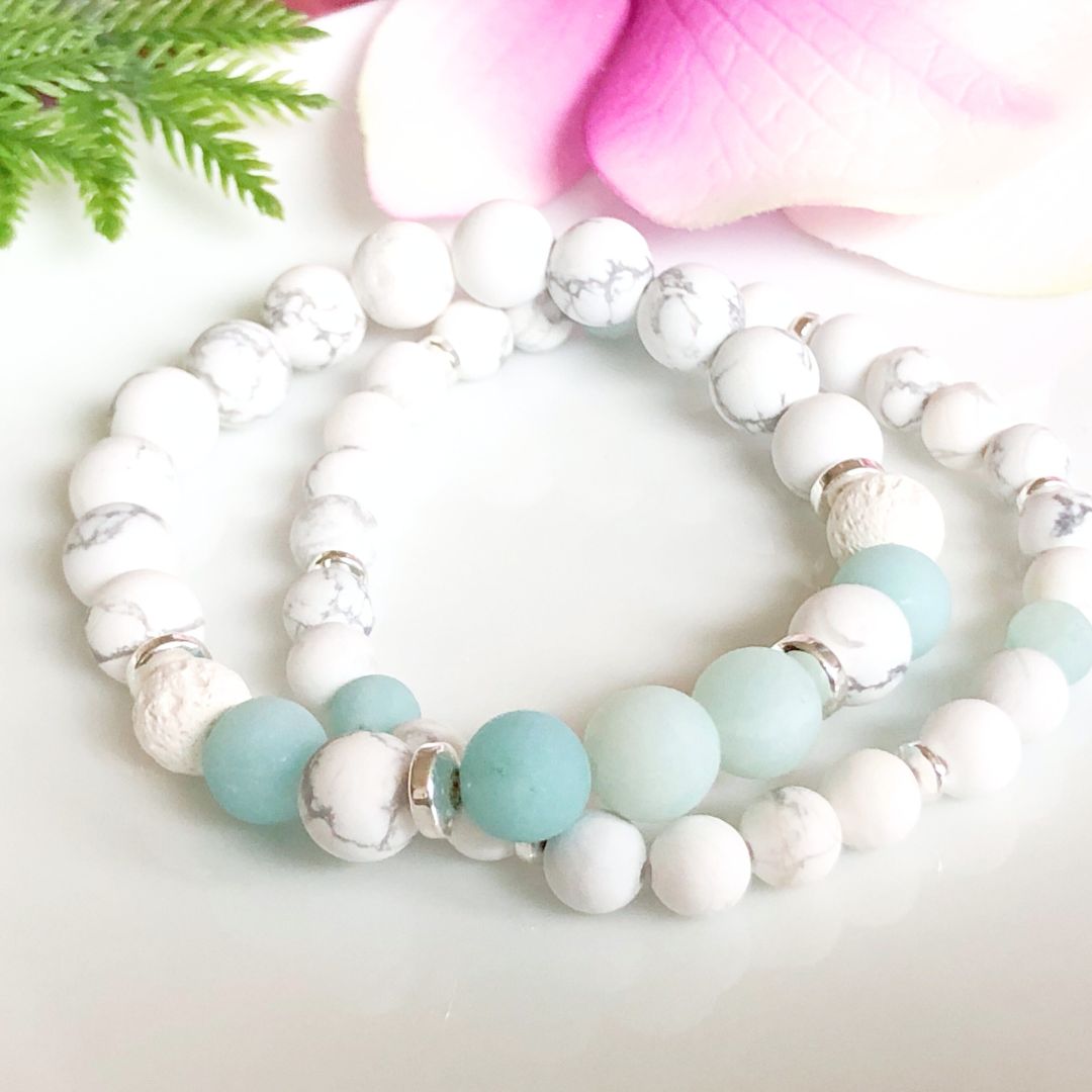 Amazonite and Howlite Bracelet set with Lava Beads