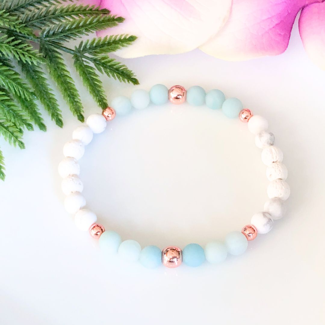 6mm frosted amazonite and howlite bracelet with lava beads and rose gold accents