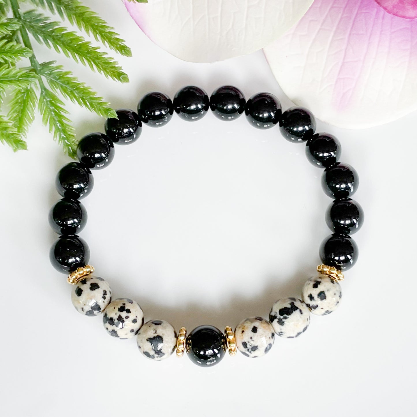 Black Tourmaline and Dalmatian Jasper Beaded Protection Bracelet