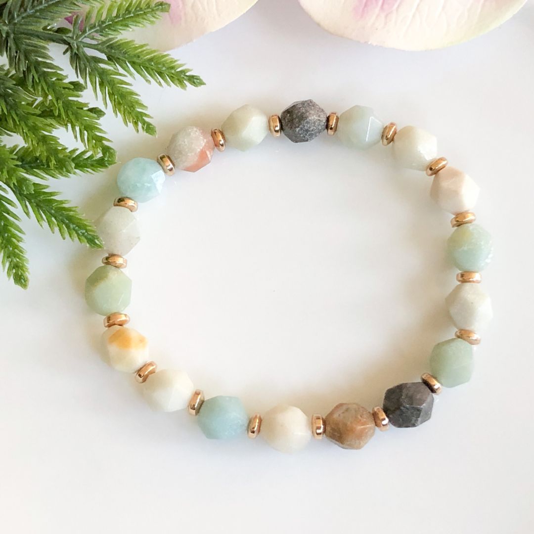 Flower Amazonite Star Cut Crystal Bracelet with Gold Accents