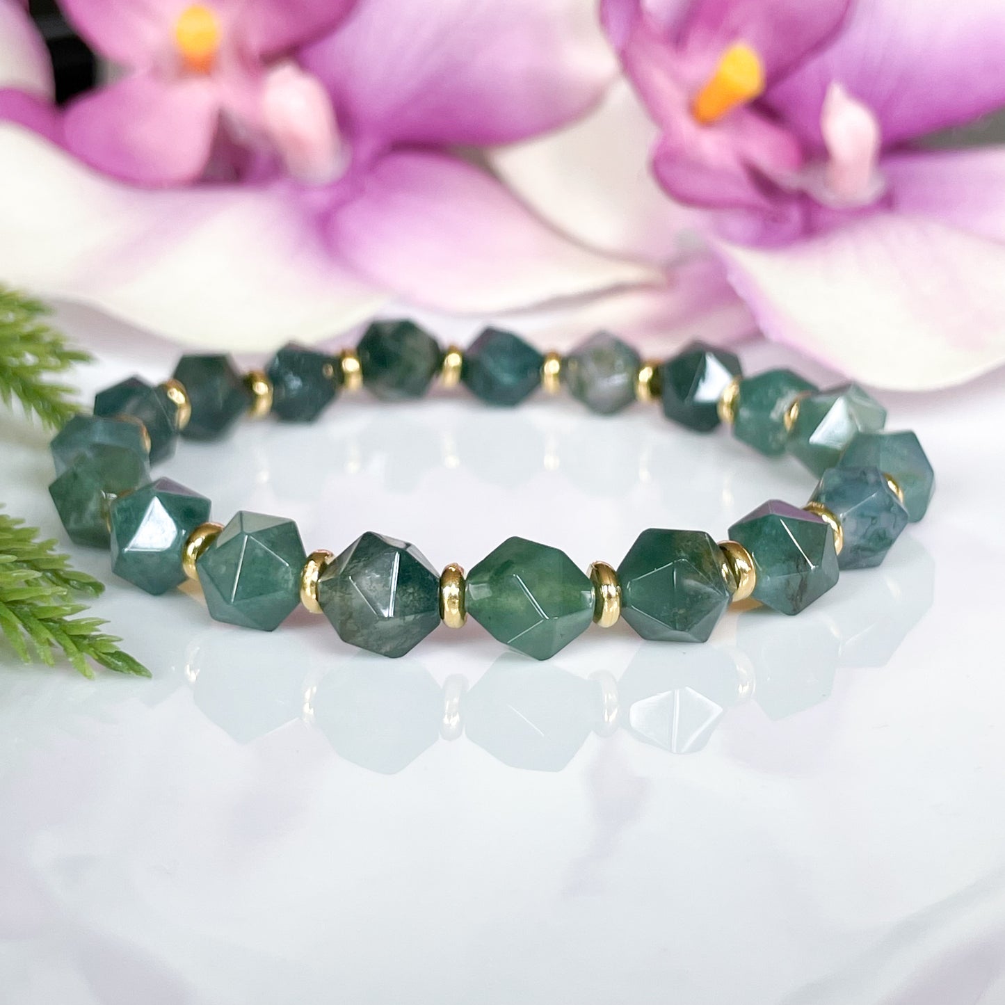 Green Moss Agate Faceted Gemstone Bracelet