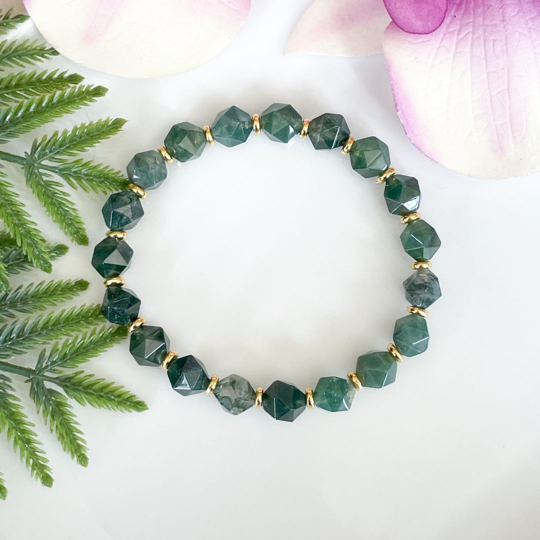 Star Cut Green Moss Agate Bracelet with Gold Accents