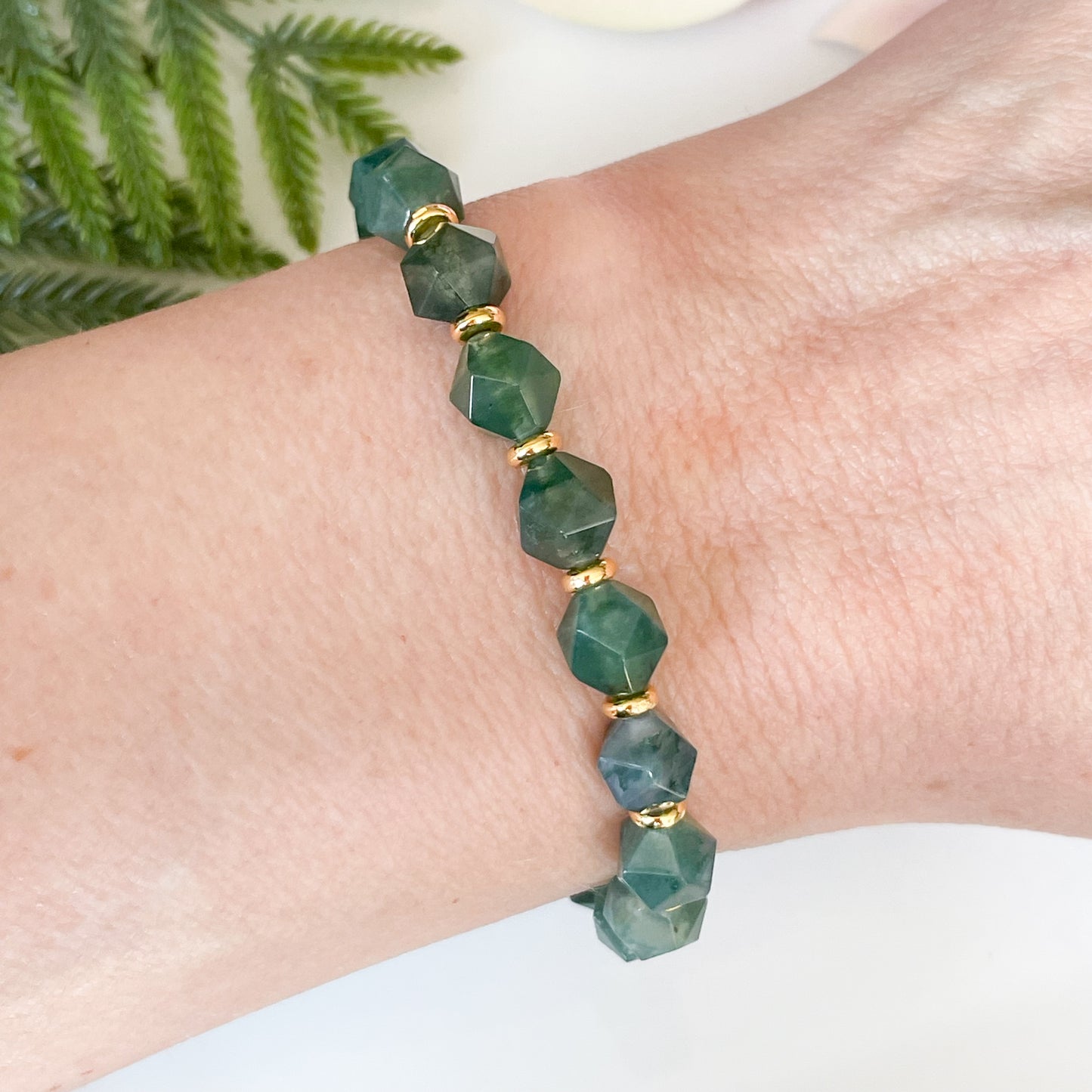 Green Moss Agate Faceted Gemstone Bracelet