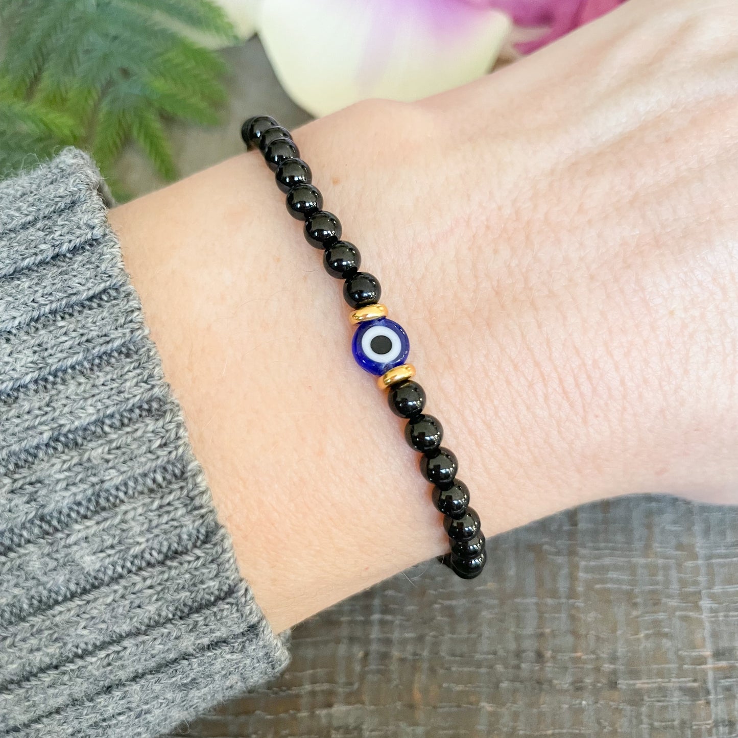 Black Tourmaline Evil Eye Bracelet Unisex