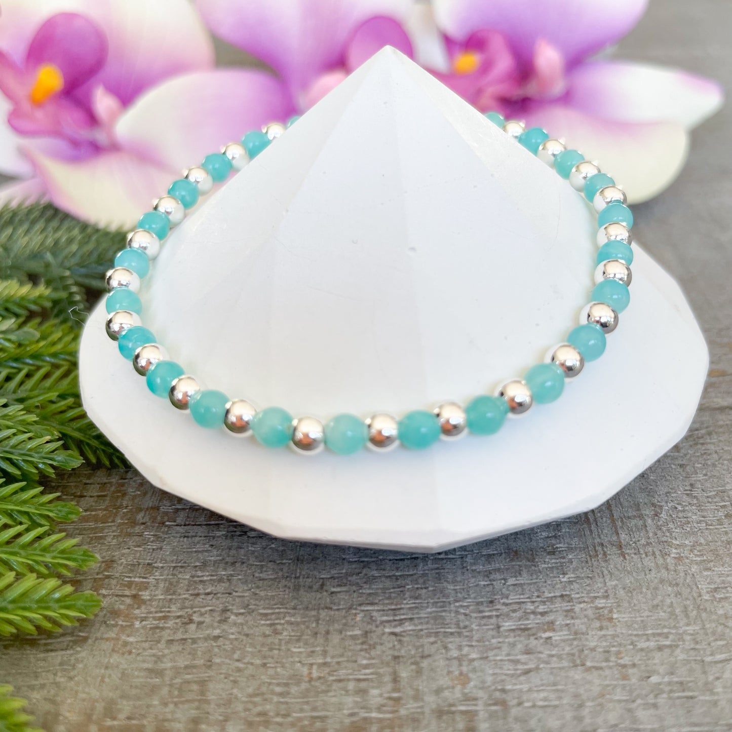 Amazonite And Silver Bead Healing Crystals Bracelet