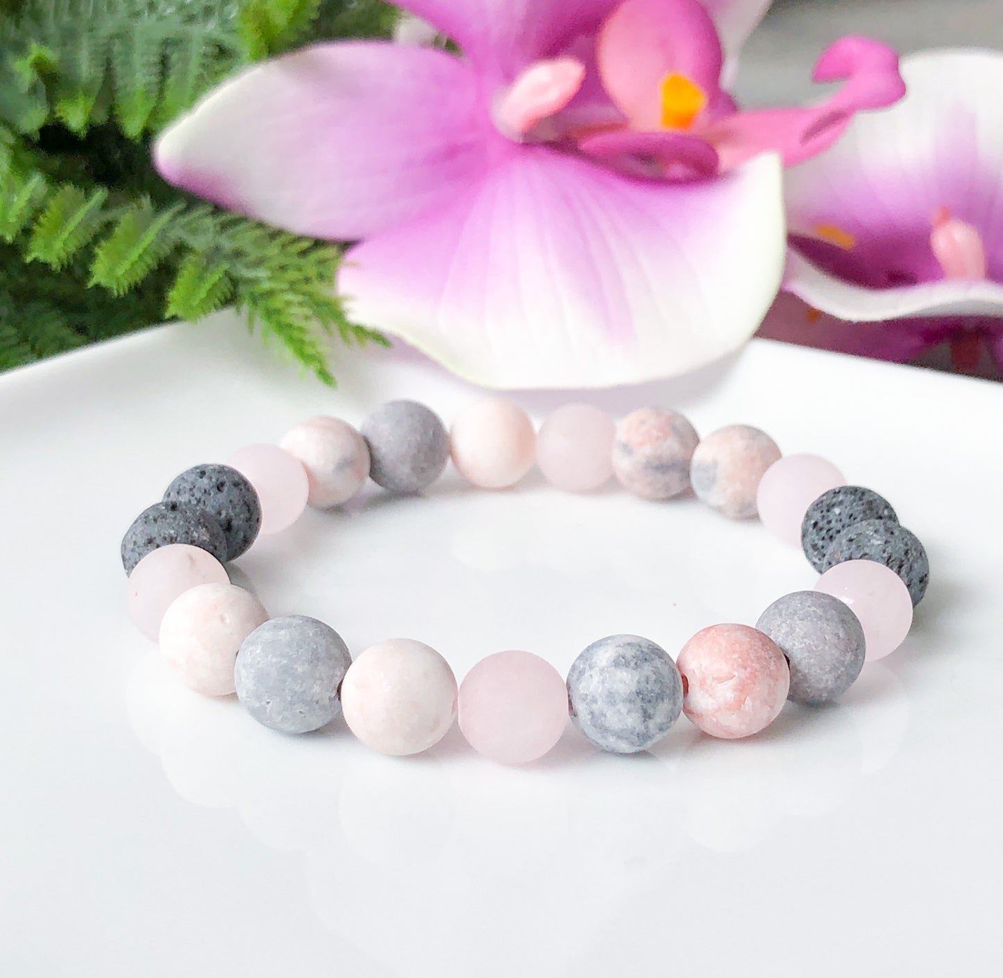 Pink Zebra Jasper and Rose Quartz Aromatherapy Bracelet