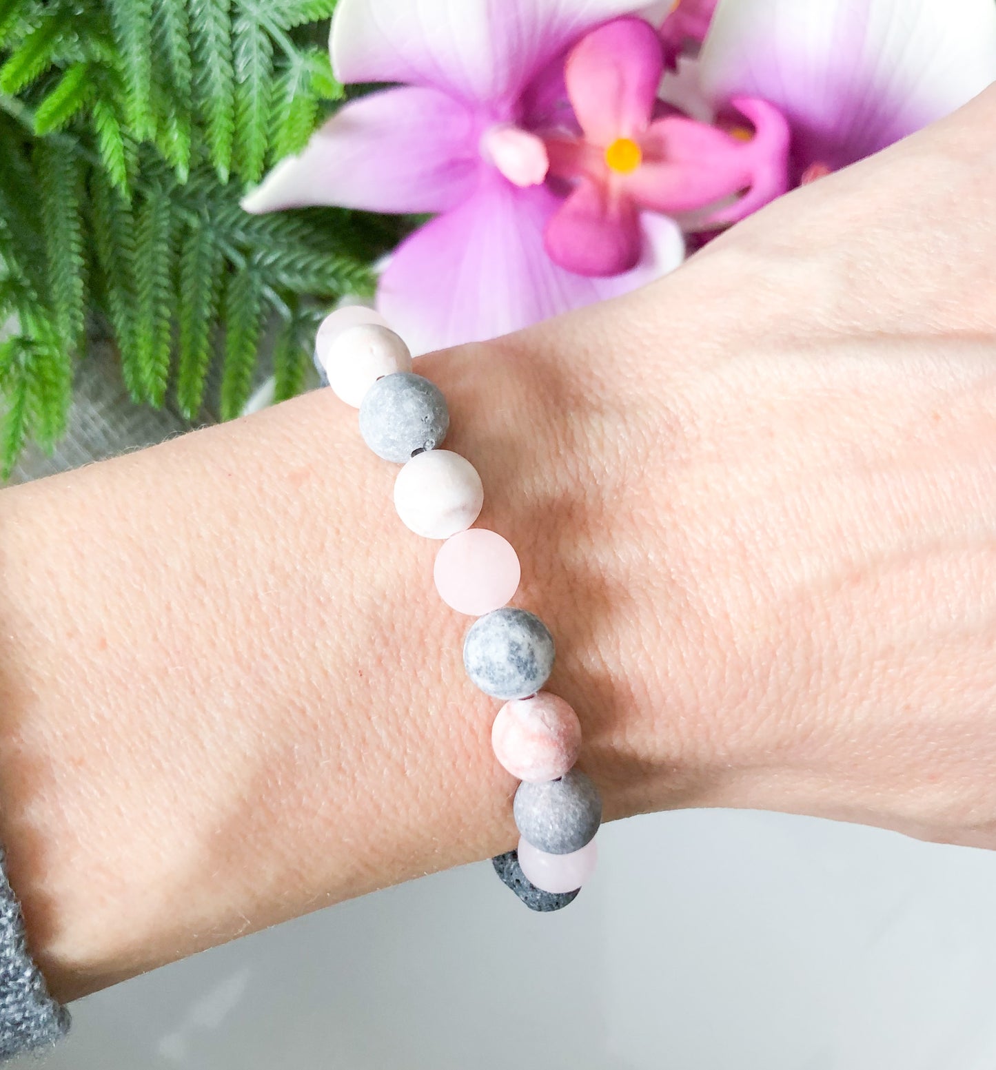 Pink Zebra Jasper and Rose Quartz Aromatherapy Bracelet