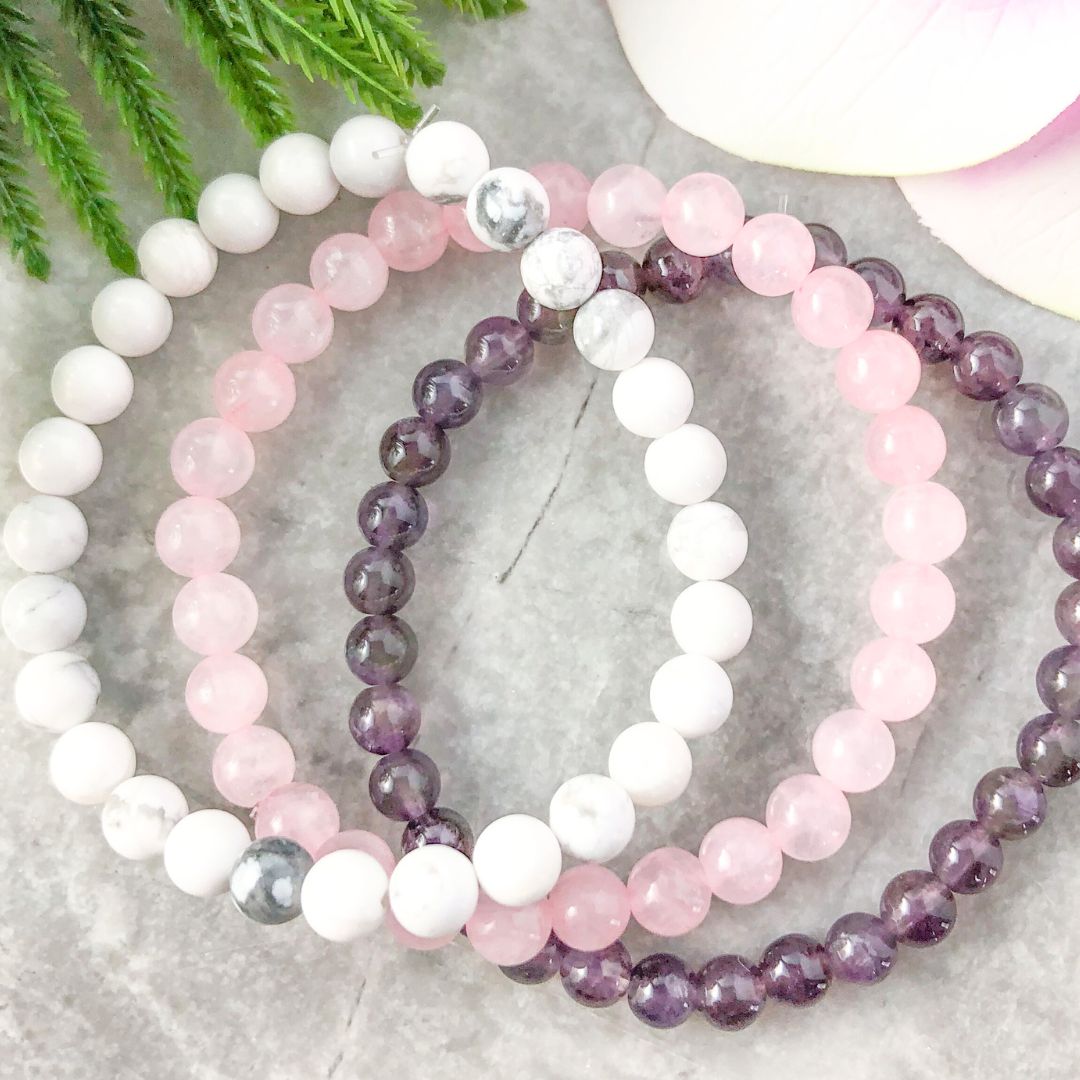 Rose Quartz, Howlite, Amethyst Bracelet Set