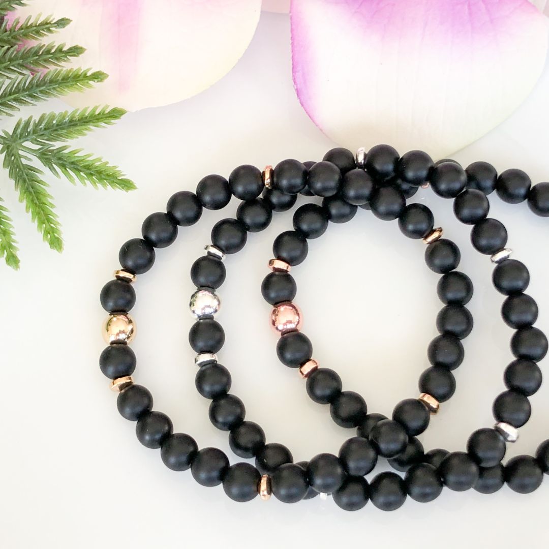 6mm Back Onyx Bracelet with Metallic Accents