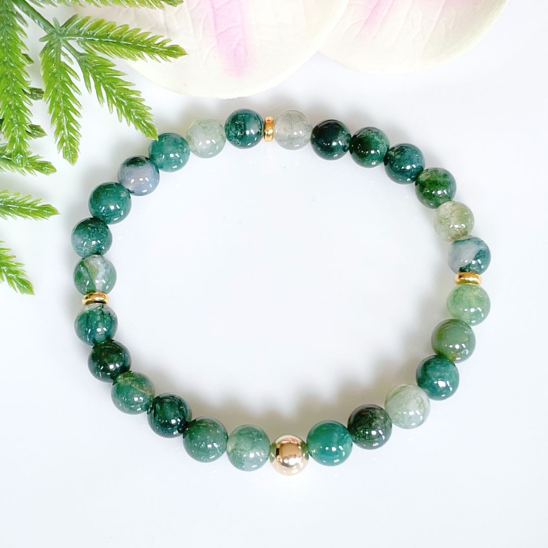 6mm green moss agate bracelet with gold accents