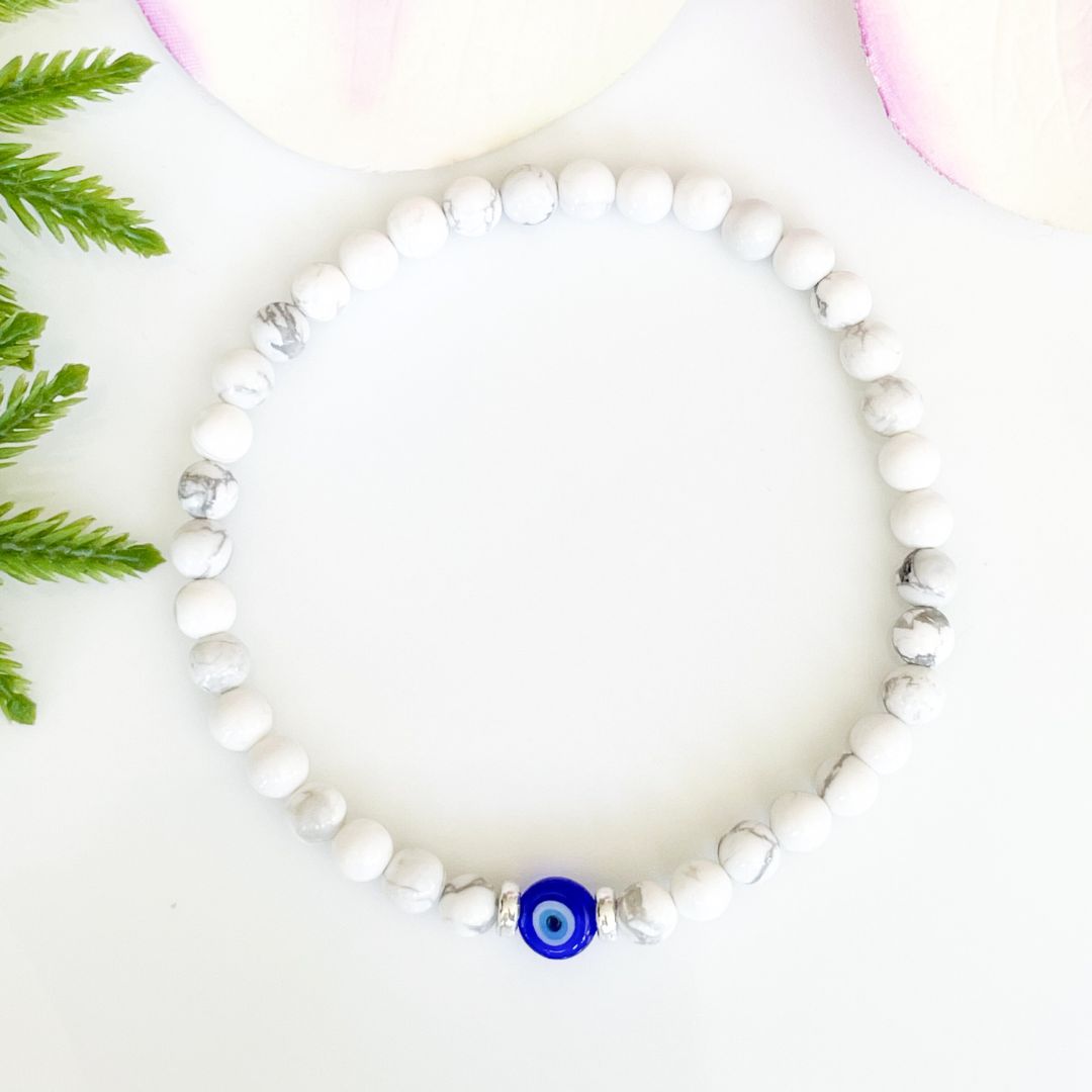 4mm white howlite with dark blue evil eye and silver accents