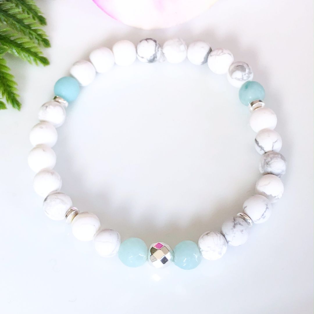 6mm Frosted Howlite and Faceted Amazonite Bracelet with Silver Accents