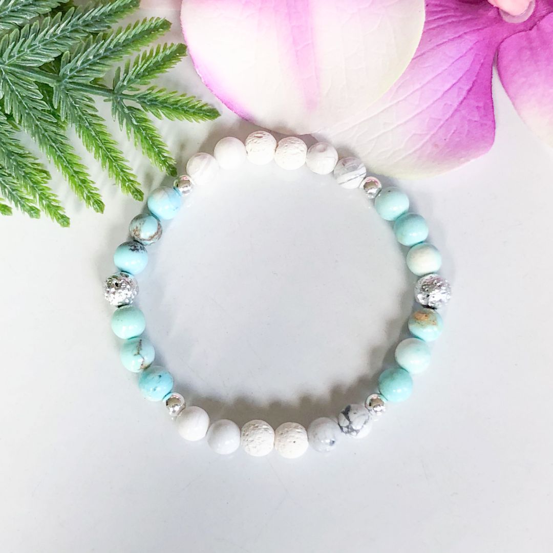 6mm Turquoise and Howlite Bracelet with Lava Beads and Silver Accents