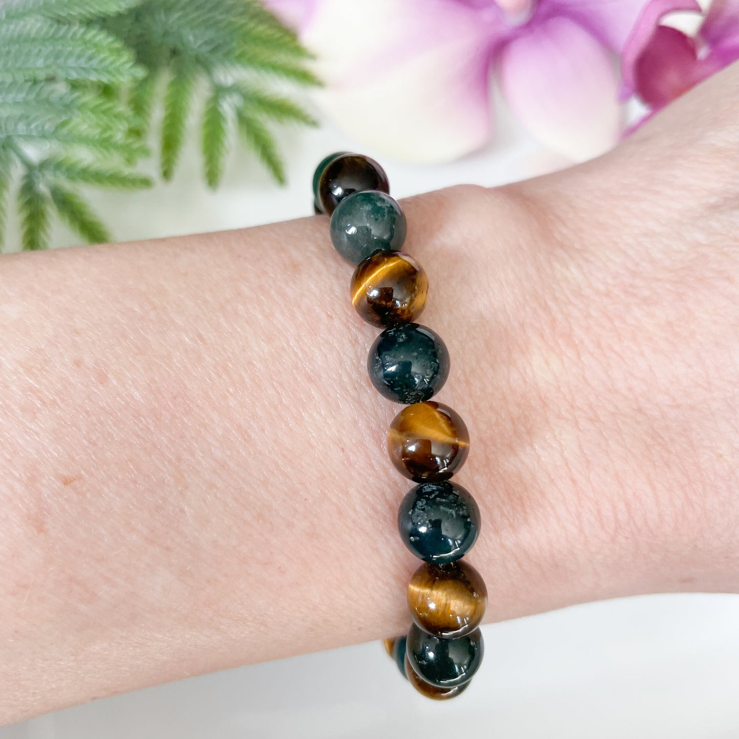 Green Moss Agate and Tigers Eye Healing Crystal Bracelet