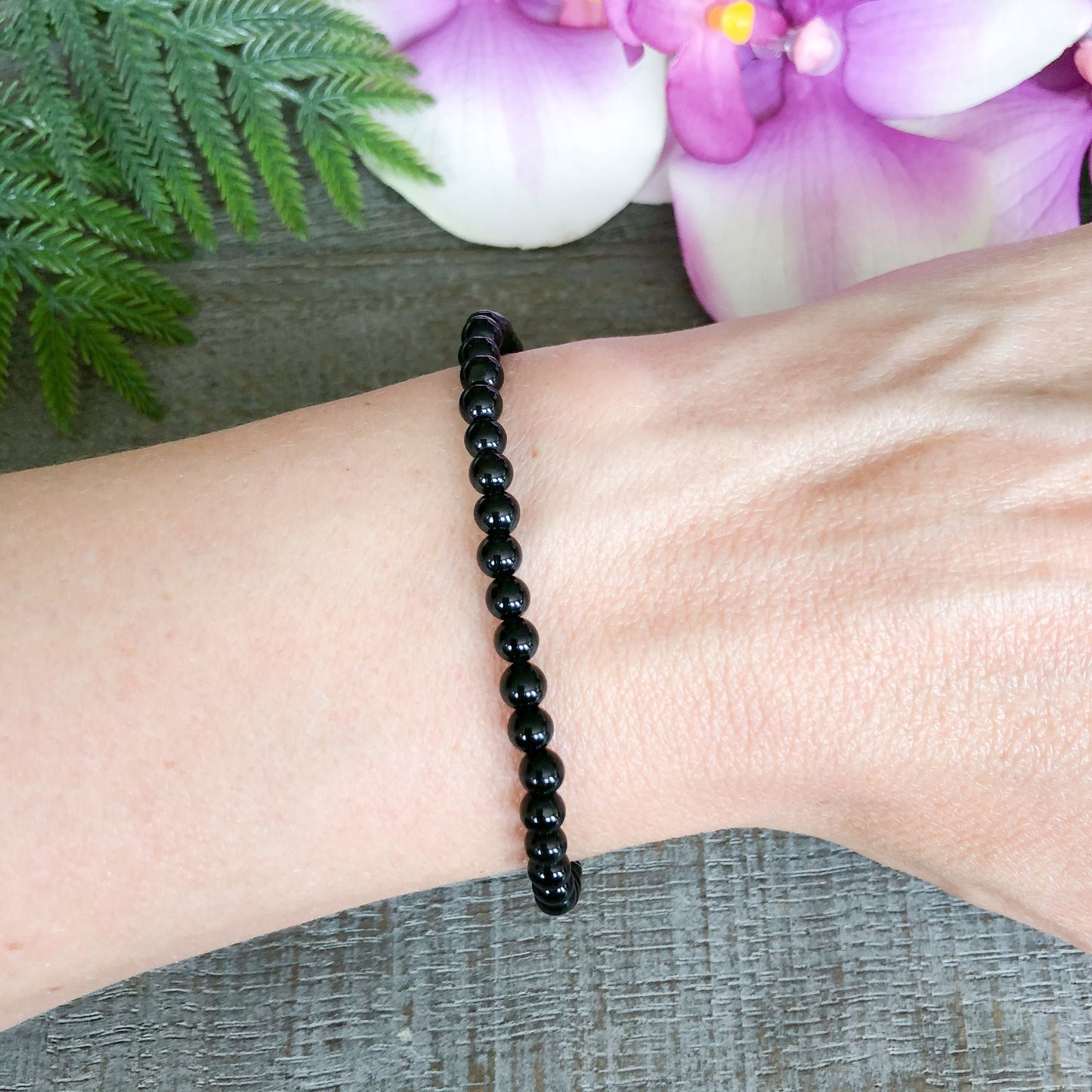 4mm Black Tourmaline Beaded Bracelet for Protection