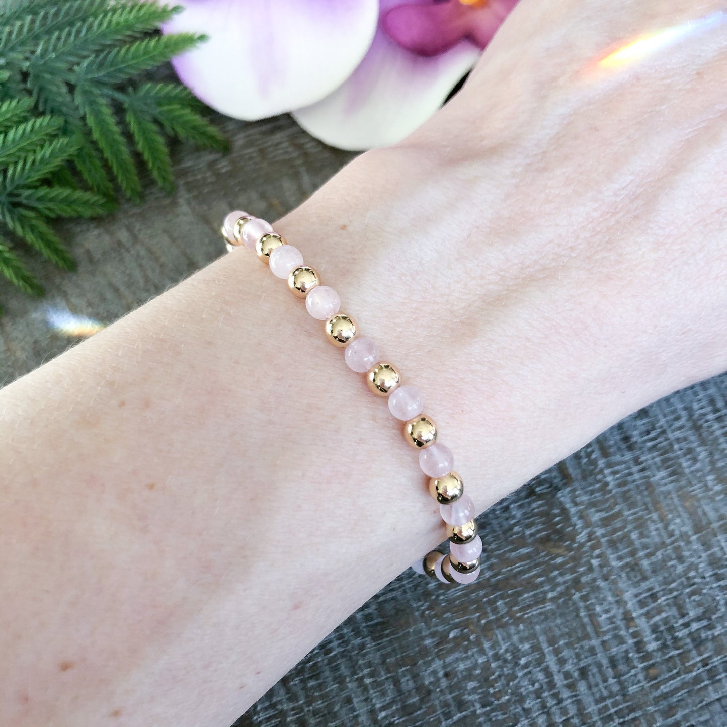 4mm Rose Quartz and Gold Ball Bracelet
