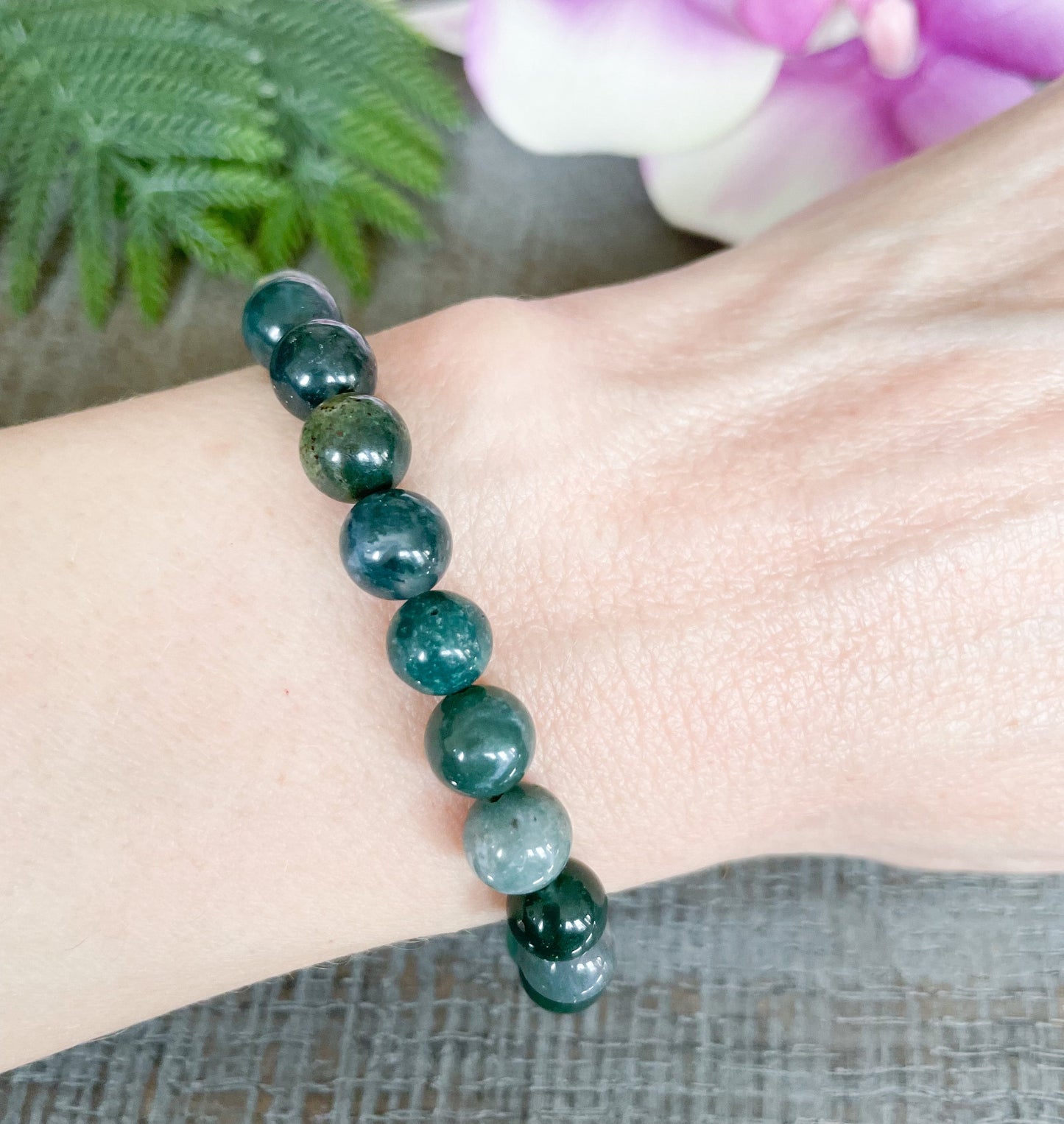 8mm Green Moss Agate Beaded Gemstone Bracelet