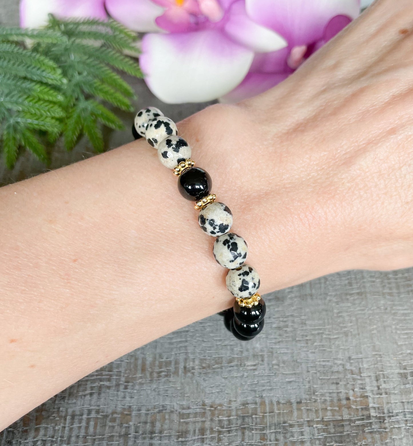 Black Tourmaline and Dalmatian Jasper Beaded Bracelet