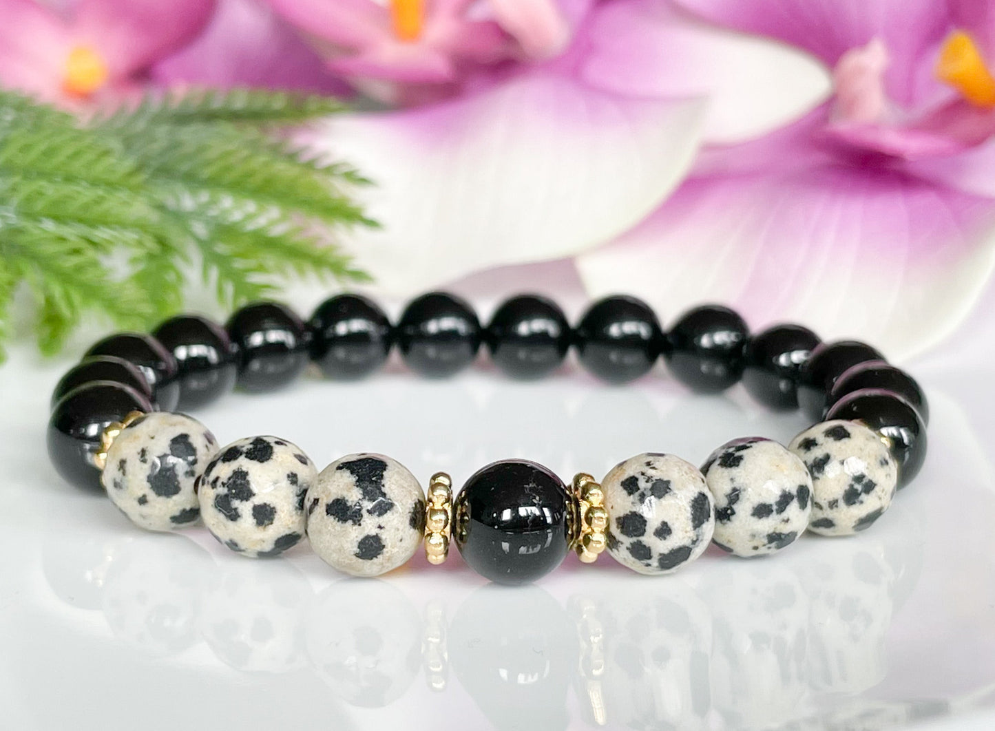 Black Tourmaline and Dalmatian Jasper Beaded Bracelet
