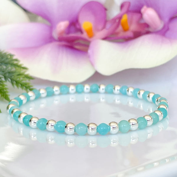 Amazonite And Silver Bead Healing Crystals Bracelet