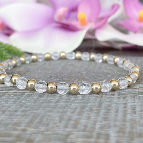 4mm Dainty Quartz Birthstone Bracelet with 14K Metallic Accents