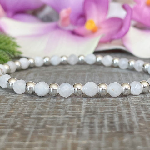 4mm Dainty White Moonstone Birthstone Bracelet with 14K Metallic Accents