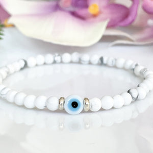 Small White Beaded Evil Eye Bracelet with Silver Accents