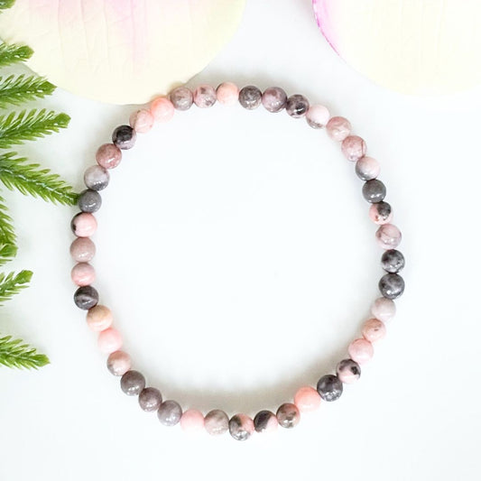 4mm pink zebra jasper beaded bracelet