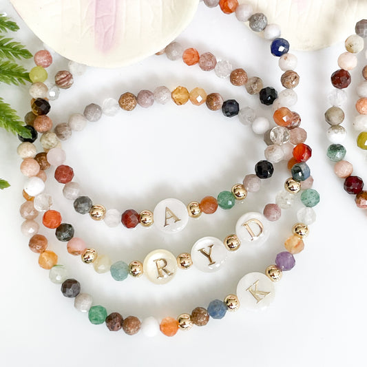 4mm mixed gemstone bracelet with mother of pearl gold initial
