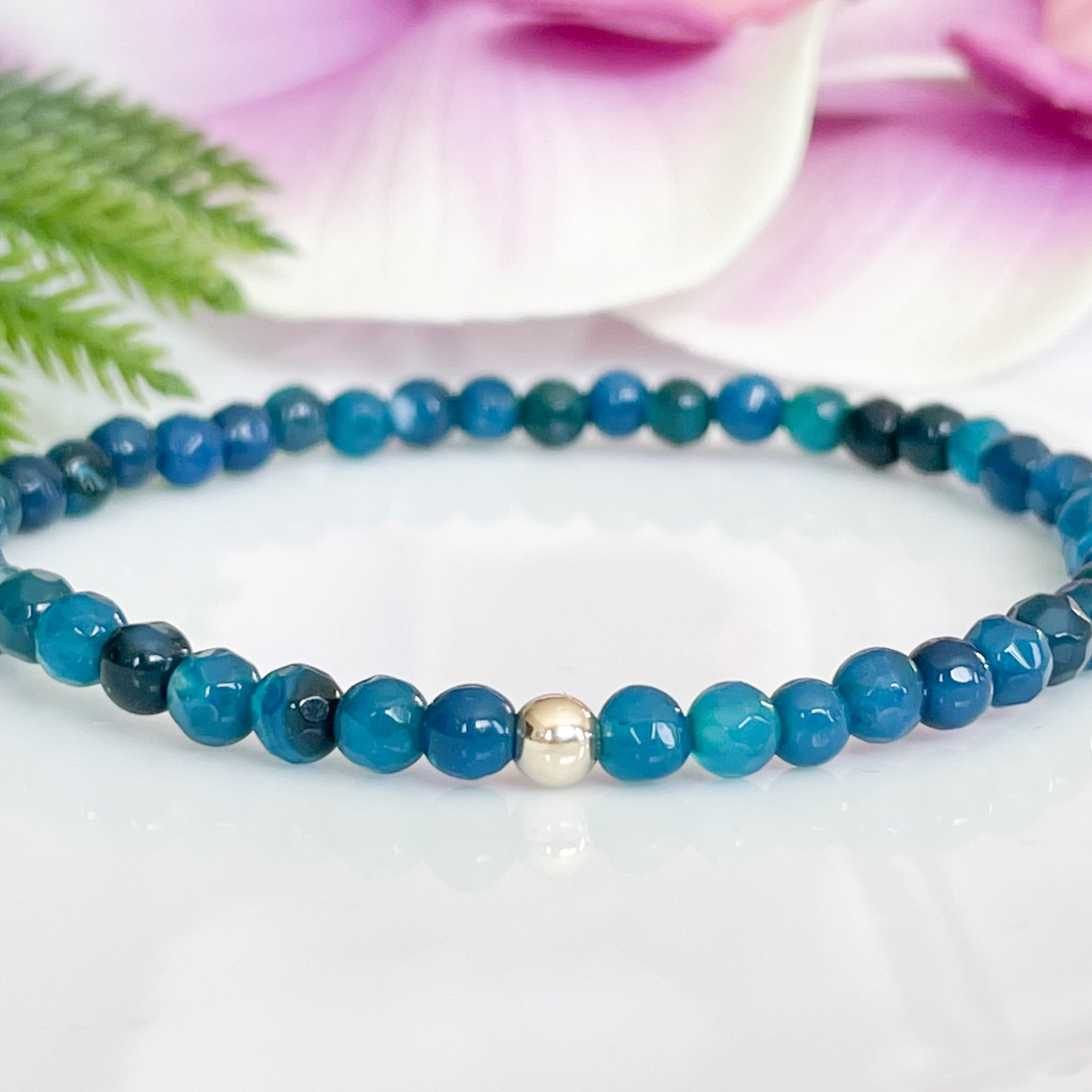 4mm Blue Agate Beaded Bracelet with Gold Accent