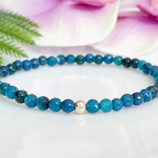 4mm Blue Agate Beaded Bracelet with Gold Accent