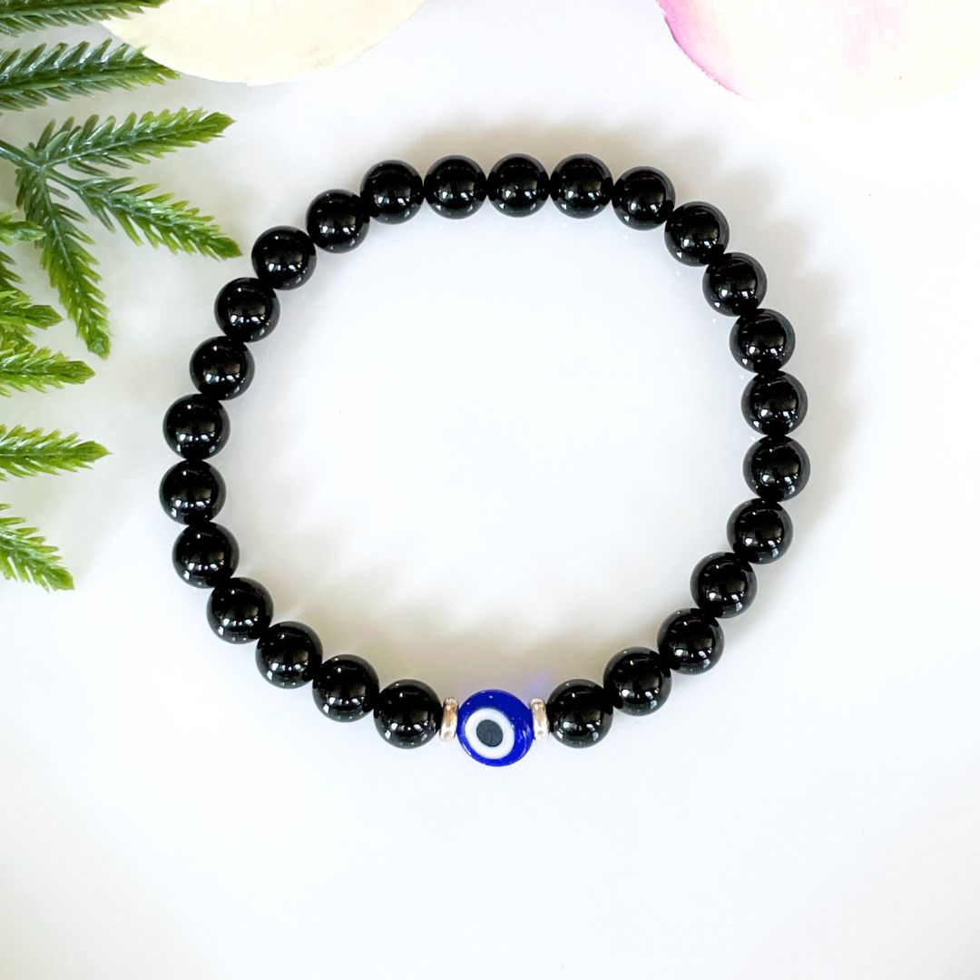 6mm Black Tourmaline Evil Eye Bracelet with Silver Accents