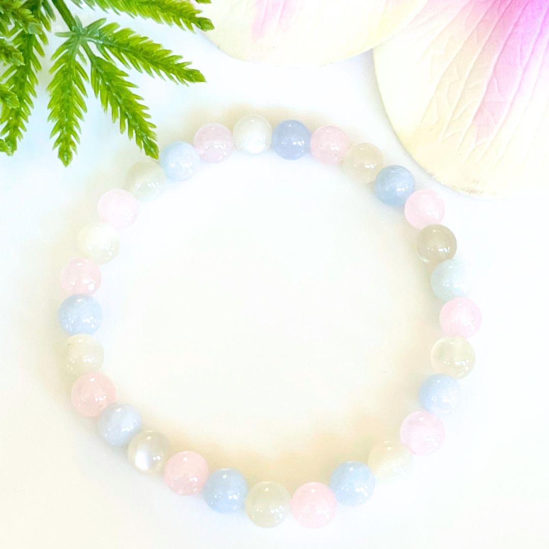 6mm fertility bracelet made with moonstone, rose quartz and aquamarine