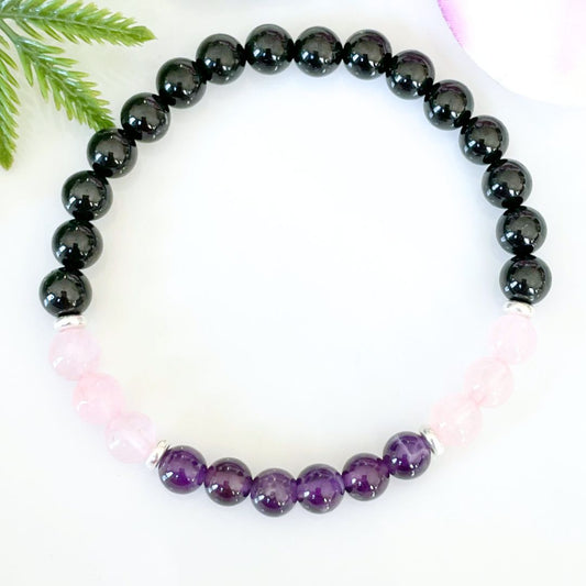 6mm Amethyst, Black Tourmaline and Rose Quartz Crystal Bracelet