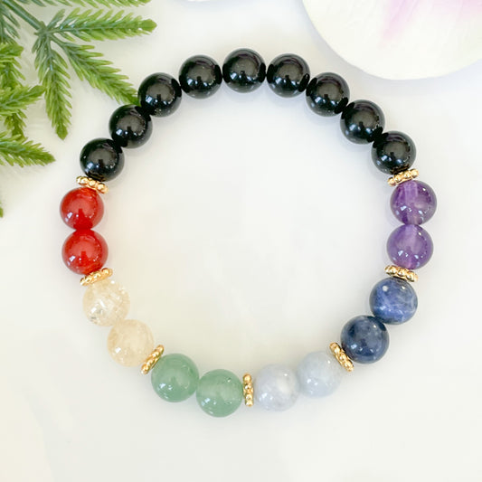 Genuine 7 Chakra Healing Crystals Bracelet with Black Tourmaline