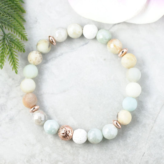 8mm Amazonite and Lava Bead aromatherapy bracelet with rose gold accents