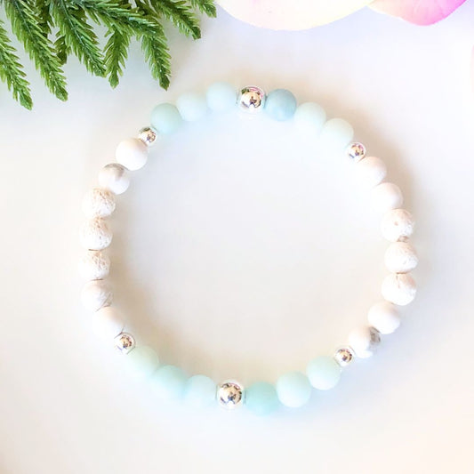 6mm frosted amazonite and howlite bracelet with white lava beads and silver accents