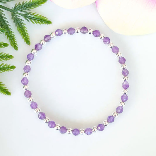 4mm faceted amethyst and silver February birthstone bracelet
