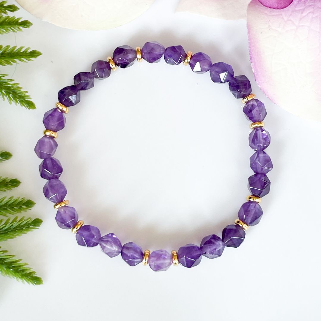 6mm Star Cut Amethyst Bracelet with Gold Accents