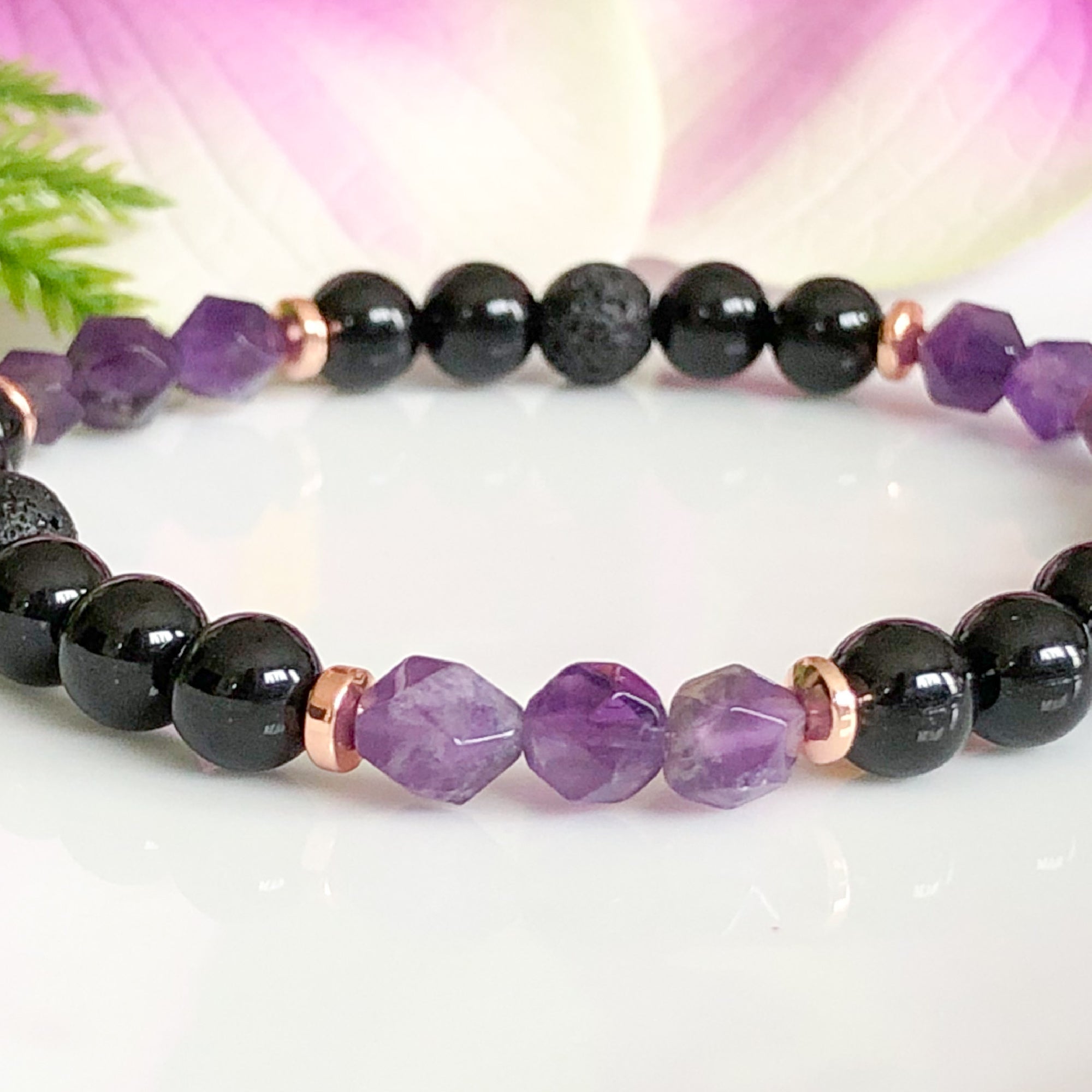 Amethyst and Black Tourmaline Dainty Gemstone Bracelet