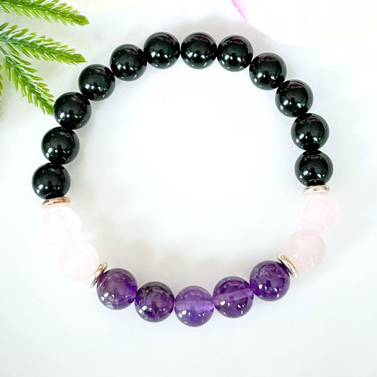 Black Tourmaline, Amethyst, Rose Quartz Bracelet overhead view