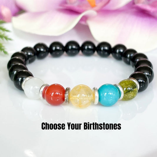 8mm Black Tourmaline Custom Family Birthstone Bracelet