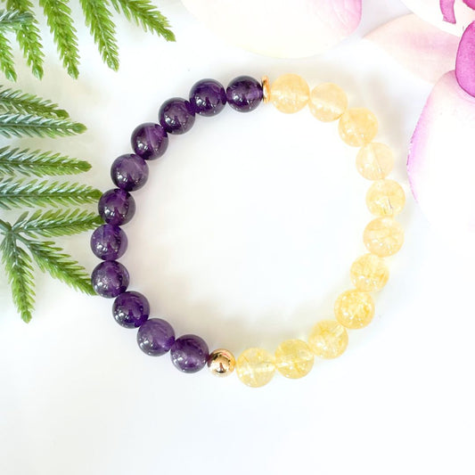 8mm Citrine and Amethyst Gemstone Bracelet with Gold Accents