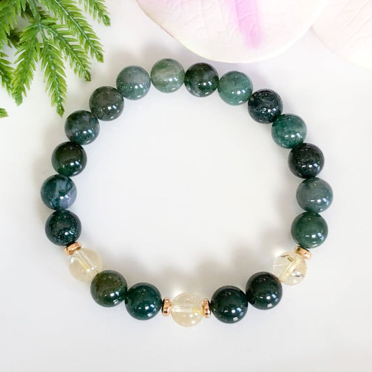 8mm Green Moss Agate And Citrine Bracelet with Gold Accents