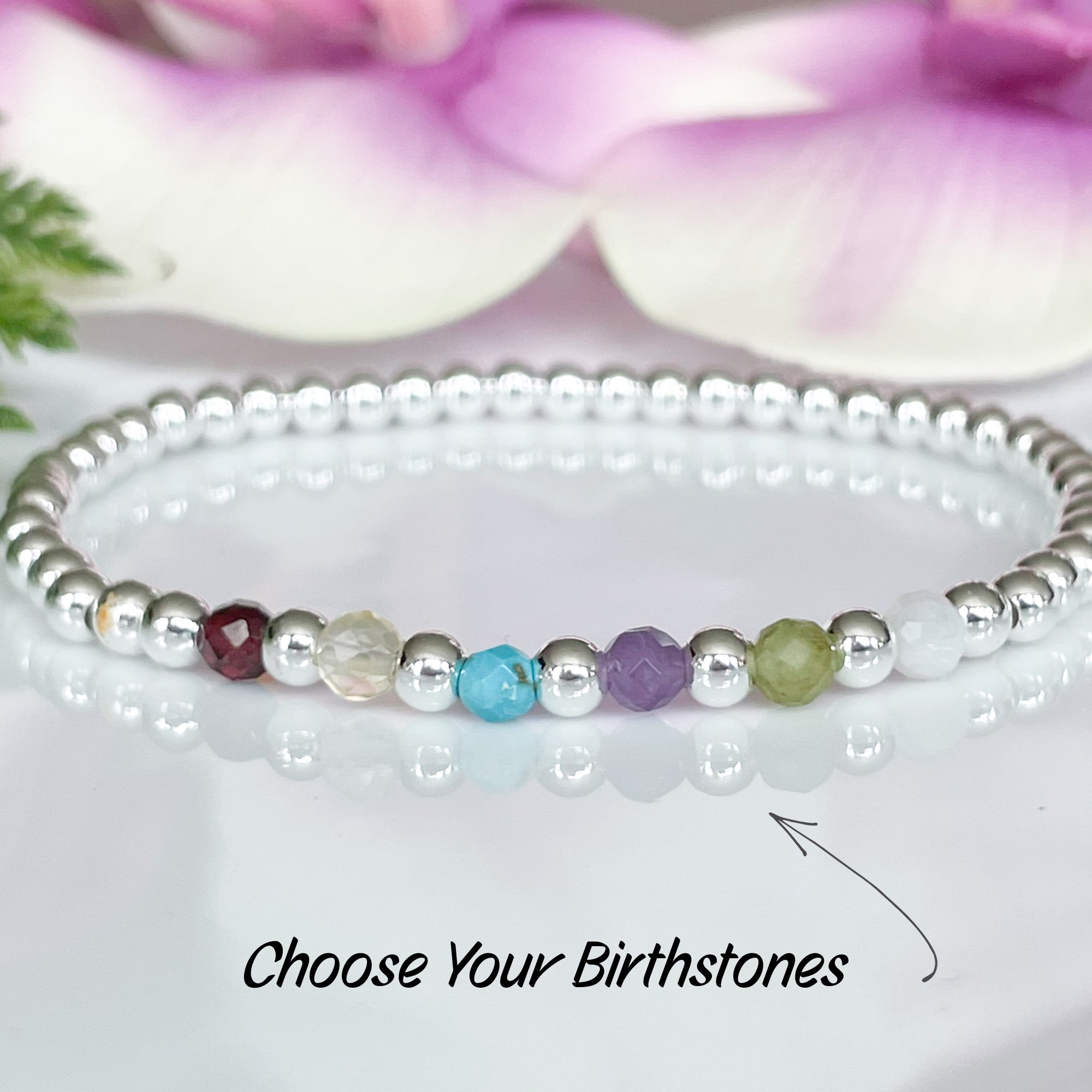 Dainty Silver Custom Family Birthstone Bracelet