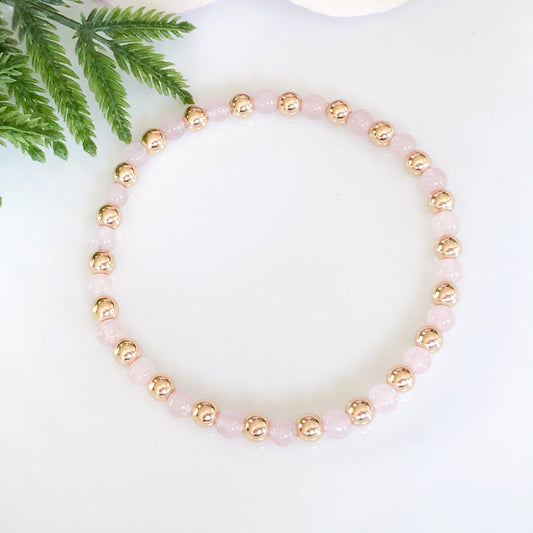 4mm Rose Quartz and Gold Ball Beaded Bracelet